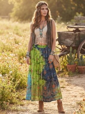 Boho Tie-Dye hand painted Maxi Skirt in Green and Blue